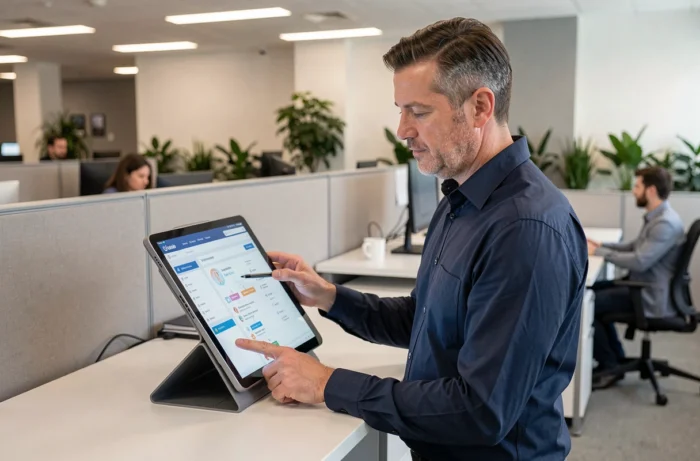 Homme consultant le plan de navigation d'un portail e-santé sur une tablette en environnement de bureau professionnel