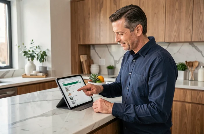 Homme explorant le plan de navigation d'un site de décoration intérieure sur une tablette dans une cuisine moderne