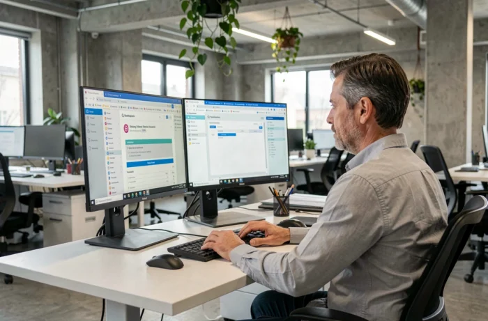Homme vérifiant des sources de téléchargement sur un poste de travail à double écran dans un bureau moderne