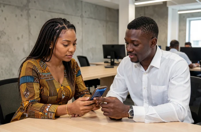Deux collègues vérifiant ensemble une identification MTN CI sur smartphone dans un espace de coworking moderne
