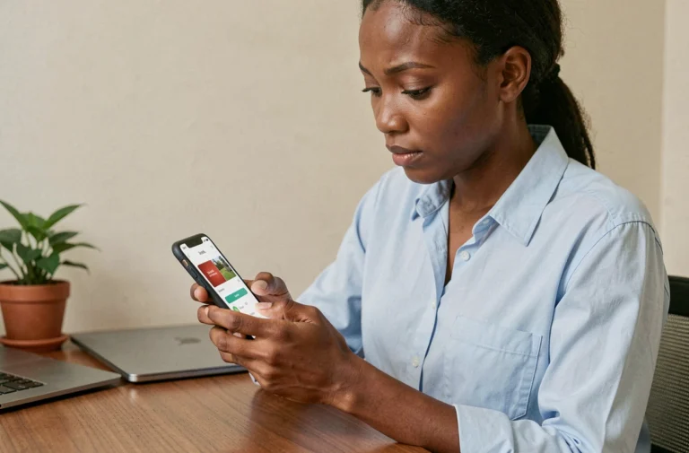 Jeune femme africaine consultant son identification MTN CI sur smartphone à son bureau à domicile