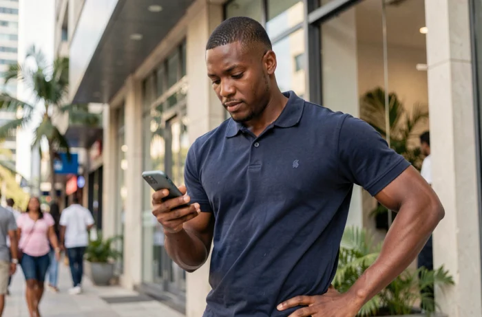 Homme consultant son numéro d'identification MTN Côte d'Ivoire sur téléphone en plein air en ville
