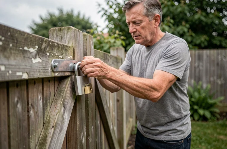 Homme installant un cadenas double verrouillage sur un portail en bois dans un jardin résidentiel