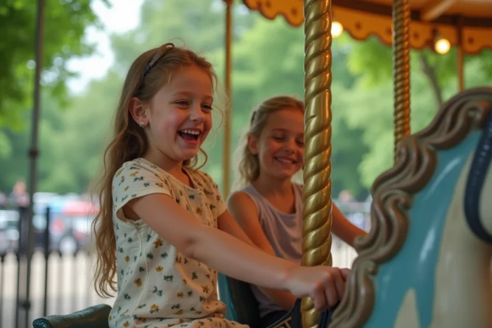 Enfants riant sur un manège classique en bois au Jardin d'Acclimatation dans le Bois de Boulogne à Paris