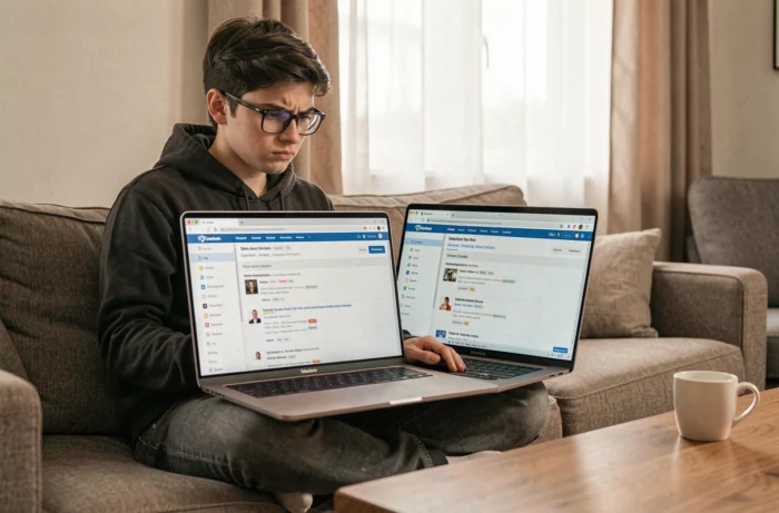 Jeune personne comparant des sites de téléchargement sur un ordinateur portable depuis un canapé