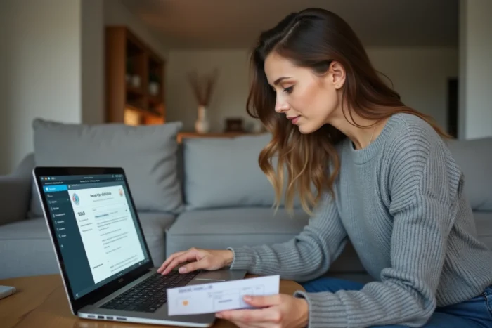 Jeune femme effectuant une demande d'acte de naissance en ligne depuis son domicile