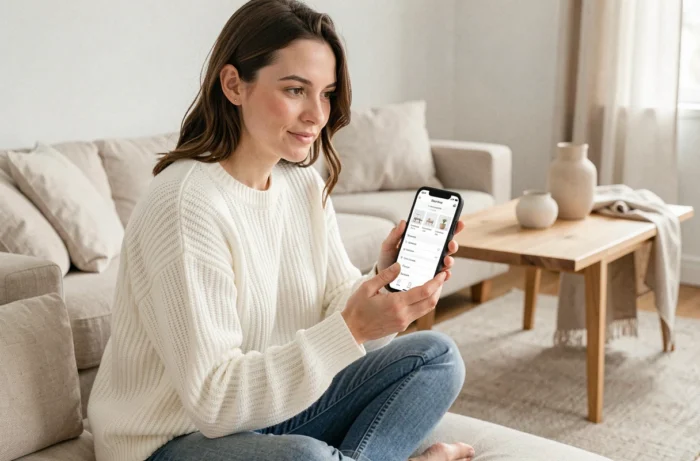 Jeune femme utilisant un smartphone pour naviguer dans le plan du site d'un espace de décoration depuis son salon
