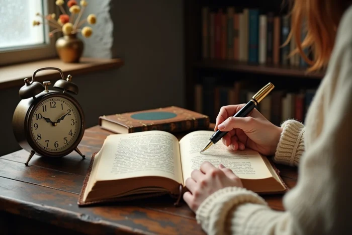 Journal spirituel ouvert avec horloge vintage indiquant 15h55 sur un bureau en bois, évoquant la signification et les messages de l'heure miroir