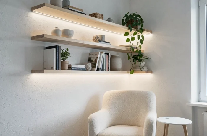 Étagères murales avec ruban LED intégré dans un salon scandinave épuré