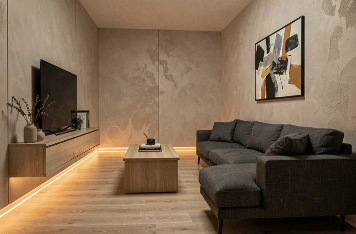 Salon moderne avec LED sous meuble TV pour une ambiance chaleureuse et cosy