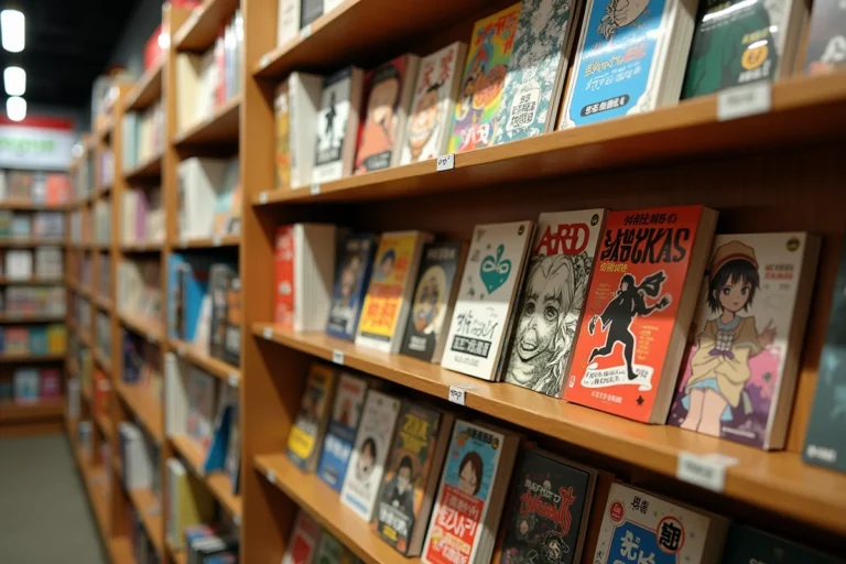 Rayonnages d'une librairie manga spécialisée à Tokyo remplis de volumes aux couvertures illustrées en style anime japonais