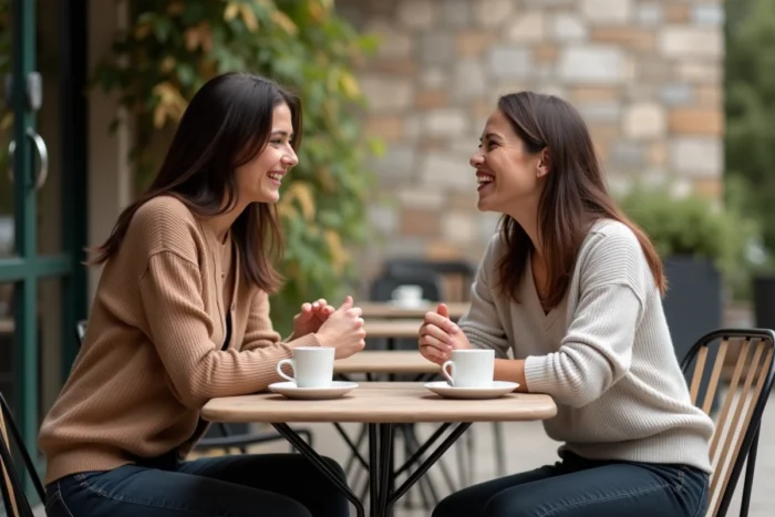 Deux femmes riant et conversant avec authenticité autour d'un café en terrasse, illustrant un lien social réel et chaleureux
