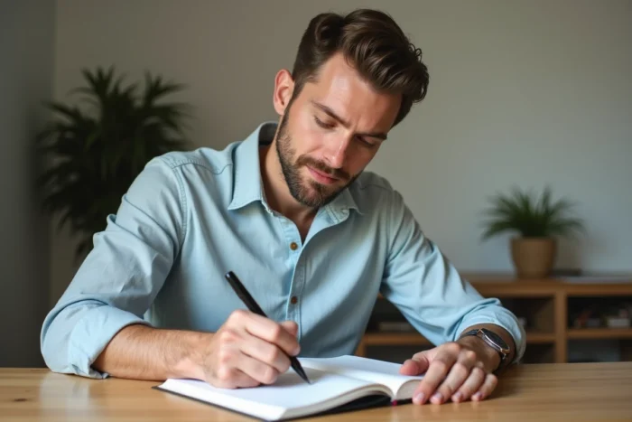 Homme écrivant à la main une liste d'intentions dans un carnet ouvert sur un bureau épuré, planifiant sa journée de façon intentionnelle
