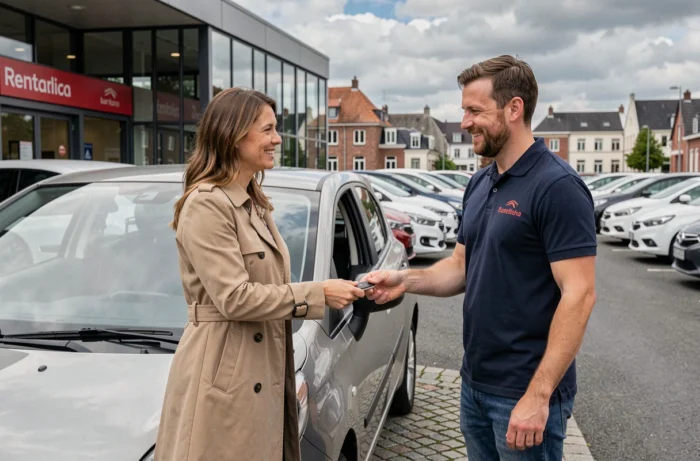 Femme remettant les clés d'une voiture de location à un agent dans une agence de location à Bruxelles
