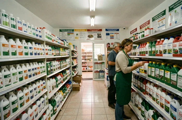 Intérieur d'un magasin agroalimentaire portugais vendant des herbicides et produits phytosanitaires légaux dont le glyphosate