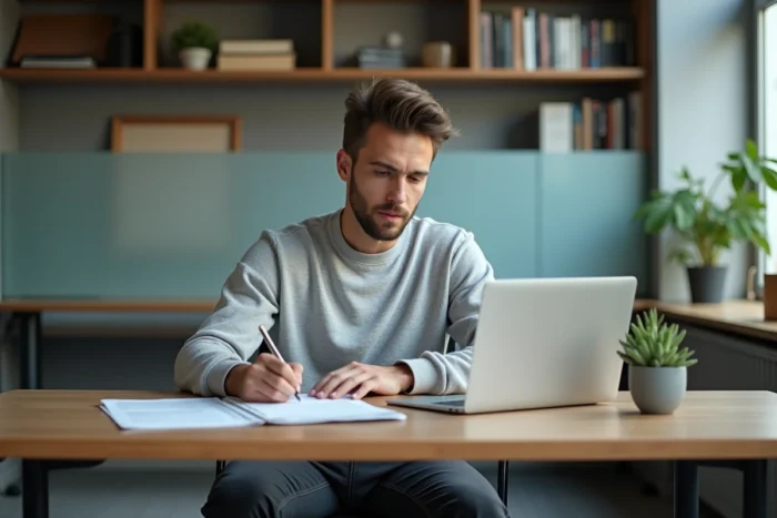 Manager analysant seul des documents de stratégie de communication dans un bureau minimaliste moderne