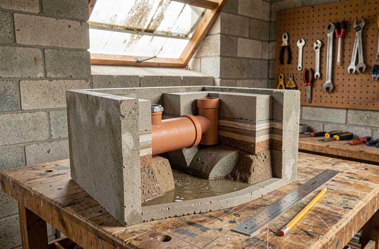 Maquette en coupe d'une ancienne fosse septique en béton exposant les chambres internes, les cloisons et les canalisations, posée sur un établi d'atelier