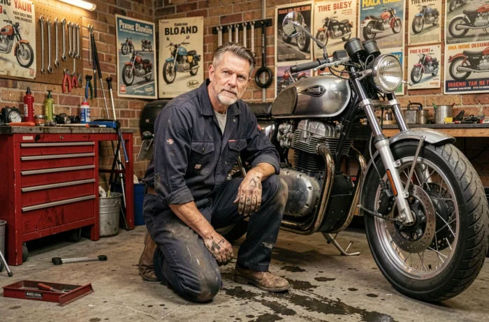 Mécanicien moto en combinaison de travail réparant un café racer classique dans un atelier avec outils et établi