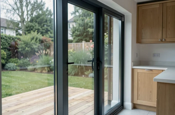 Fenêtres en aluminium anthracite dans une cuisine contemporaine avec vue sur terrasse en bois, contraste élégant avec des murs blancs