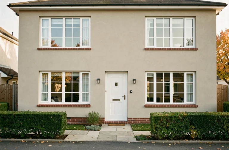 Façade de maison moderne avec menuiseries blanches en PVC sur enduit beige chaud, entourée de végétation automnale
