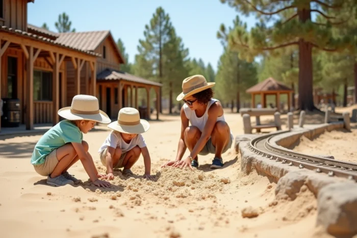 Mère et jeunes enfants explorant les allées sablonneuses du parc Mer de Sable avec ses décors de Far West en forêt d'Ermenonville