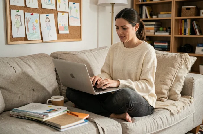 Mère trentenaire tapant sur son ordinateur portable dans un salon familial authentique, entourée de carnets et de dessins d'enfants, illustrant un blog parental sincère et révélateur