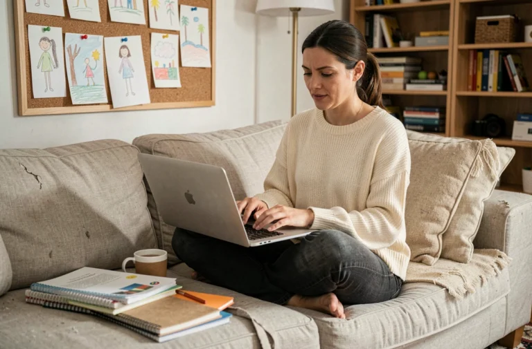 Mère trentenaire tapant sur son ordinateur portable dans un salon familial authentique, entourée de carnets et de dessins d'enfants, illustrant un blog parental sincère et révélateur