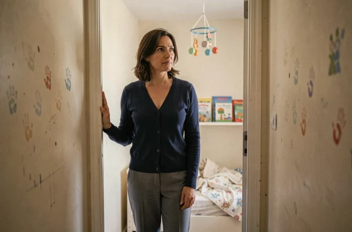 Mère debout dans l'embrasure d'une porte de chambre d'enfant, regard introspectif et sincère, illustrant les réflexions profondes d'un blog parental révélateur