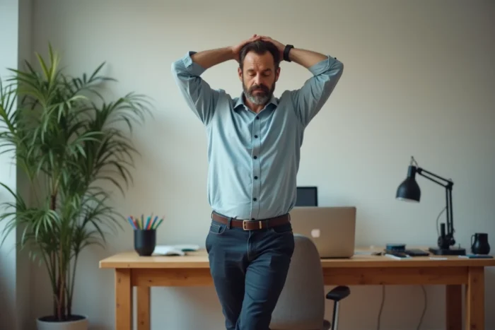 Homme s'étirant les bras levés en s'éloignant de son bureau et de son ordinateur lors d'une micro-pause loin des écrans
