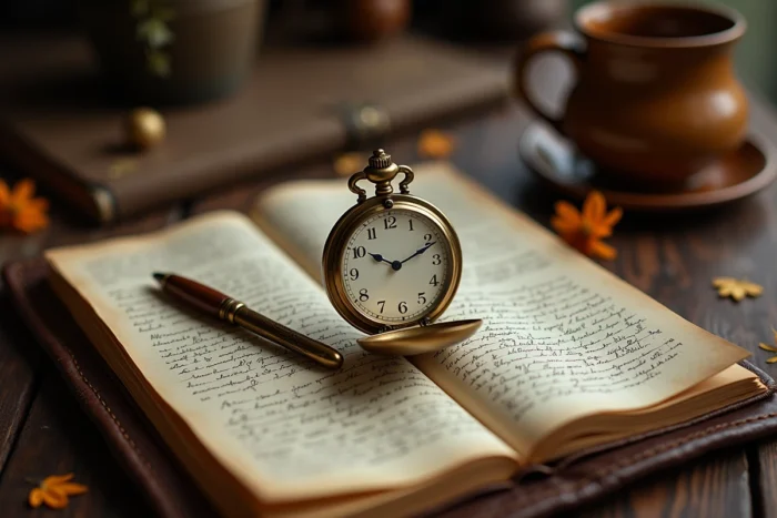 Montre de poche vintage sur un journal ouvert avec des notes sur la numérologie, aiguilles pointant sur 15h55