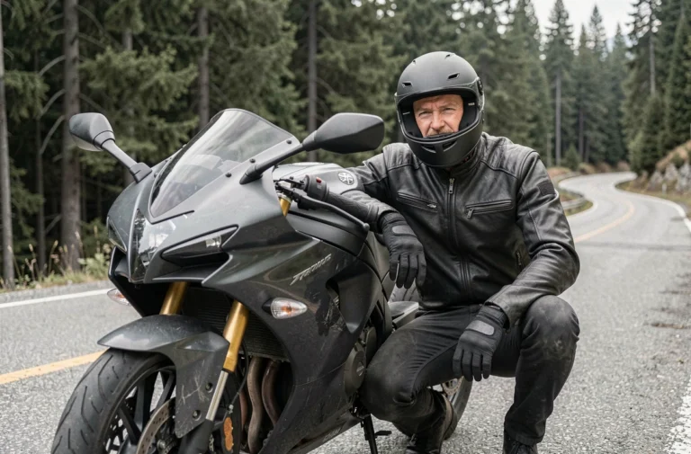 Motard en veste de cuir noir posant à côté de sa moto sportive sur une route de montagne sinueuse