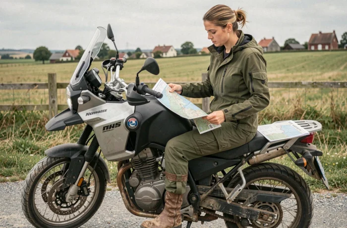Motarde en veste textile verte consultant une carte routière posée sur sa moto aventure à l'arrêt