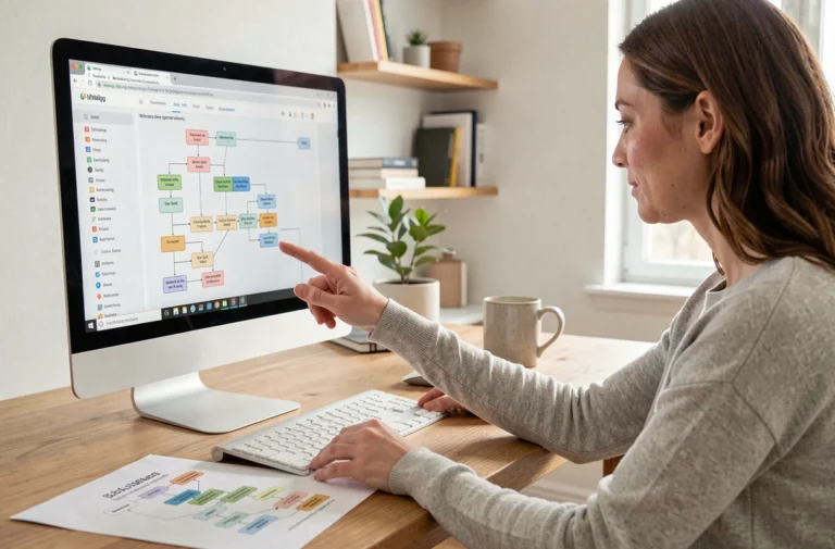 Femme naviguant sur un plan de site web affiché sur un écran d'ordinateur dans un bureau à domicile moderne