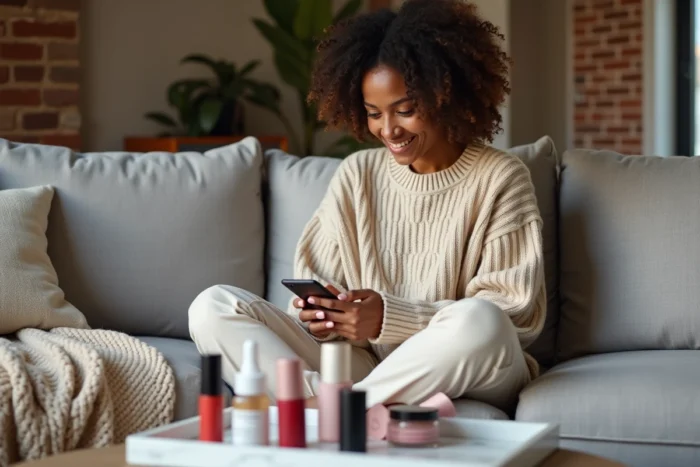 Jeune femme aux cheveux bouclés consultant des offres beauté sur son smartphone, avec une sélection de cosmétiques disposés sur un plateau en marbre