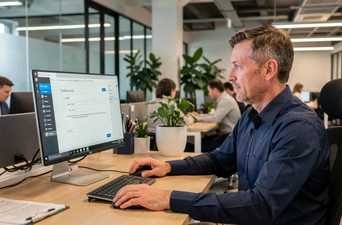 Homme configurant un compte webmail académique sur Outlook dans un bureau professionnel moderne