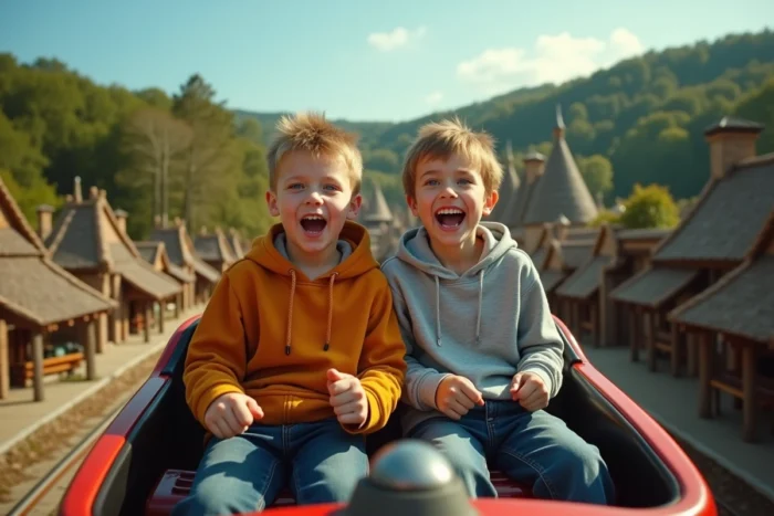 Adolescents aux expressions surexcitées dans un wagon de montagnes russes du Parc Astérix entouré de décors gaulois