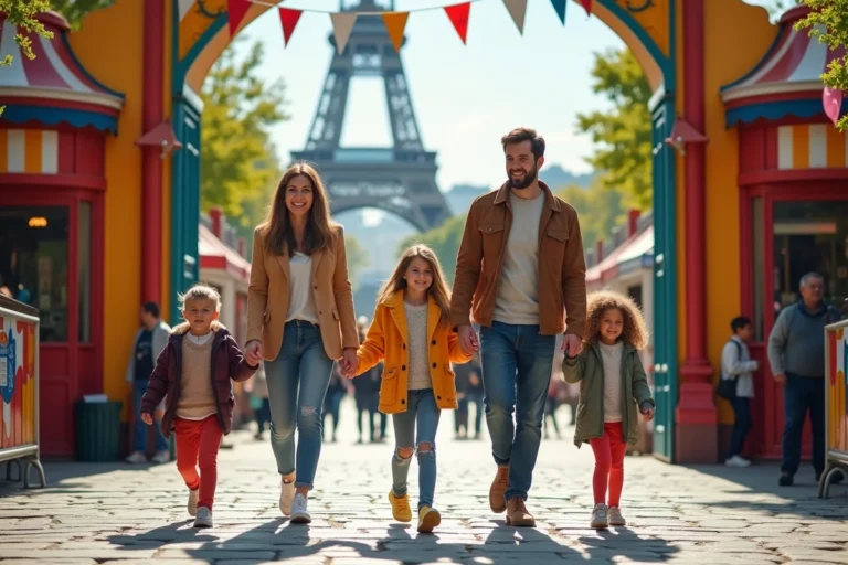 Famille joyeuse entrant dans un parc d'attractions parisien coloré avec des manèges et des drapeaux festifs en arrière-plan