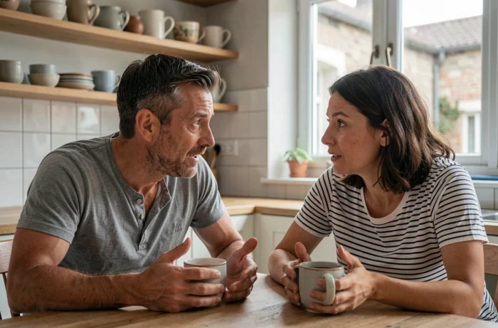 Couple de parents en discussion sincère autour d'une table de cuisine, exprimant des vérités du quotidien parental dans une atmosphère domestique authentique