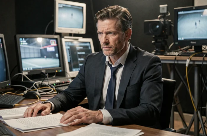 Acteur incarnant un personnage de série télévisée dans un décor de production dramatique, illustrant les grands personnages de série commençant par B