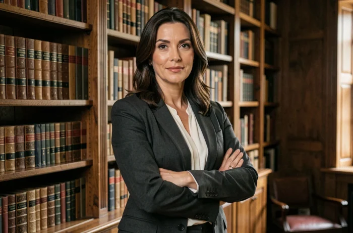 Femme au style autoritaire dans une bibliothèque vintage évoquant les personnages féminins emblématiques de séries TV dont le nom commence par B