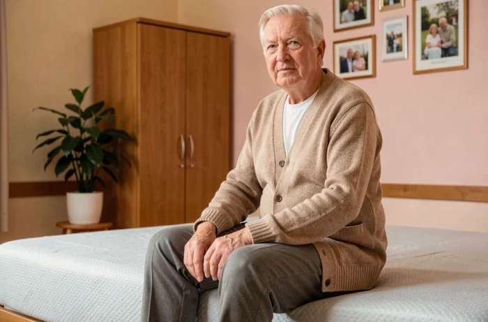 Personne âgée assise sur un lit équipé d'un drap antidérapant Sécuridrap en EHPAD