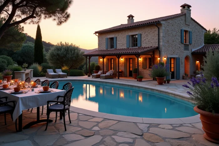 Piscine de mas provençal au crépuscule avec dallage en calcaire irrégulier, poteries en terre cuite, lavande et table de repas en fer forgé