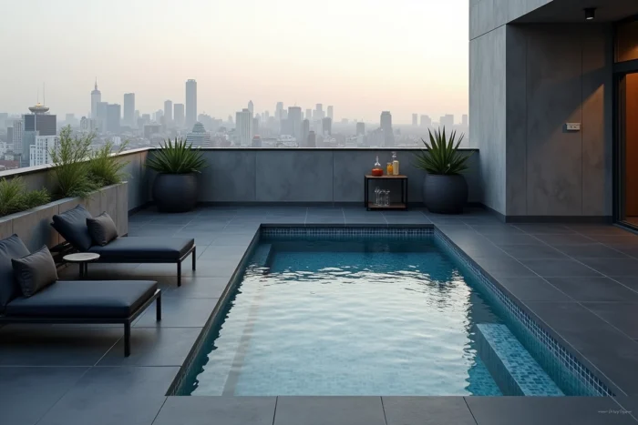 Espace piscine sur toit urbain avec plunge pool en mosaïque, chaises noires minimalistes et vue sur les toits de la ville