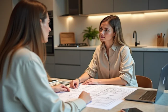 Cliente en réunion de planification avec un conseiller Tyko Cuisine dans un showroom, consultant des plans et des échantillons de matériaux