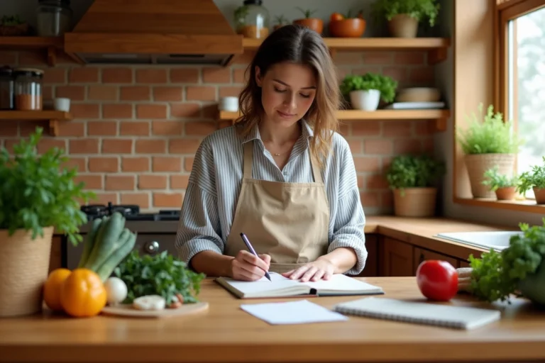 Femme planifiant ses menus hebdomadaires dans une cuisine moderne avec des légumes frais et un carnet de recettes