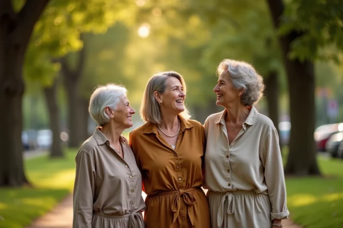 Trois femmes de générations différentes portant le prénom Lisa, réunies dans un parc verdoyant, illustrant la popularité intemporelle du prénom