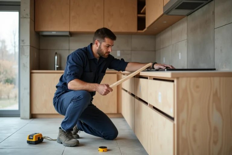 Installateur cuisine Tyko en train de poser un meuble de cuisine sur un chantier en cours, avec outils et matériaux visibles autour de lui