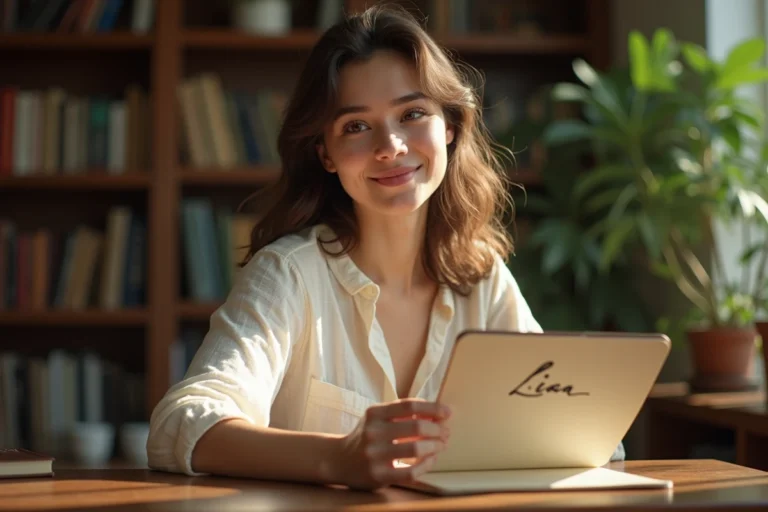 Jeune femme prénommée Lisa tenant un carnet ancien avec son prénom écrit en cursive, dans une bibliothèque chaleureuse