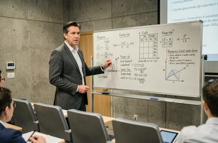 Professeur de comptabilité expliquant des notions fiscales au tableau dans une salle de cours universitaire