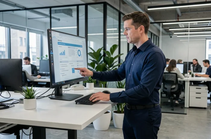 Professionnel utilisant un guide de référence numérique Mega REF dans un bureau moderne en open space